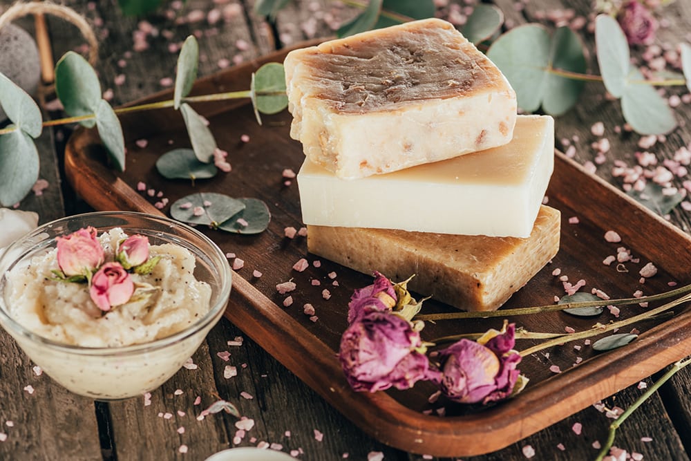 self care soap and flowers